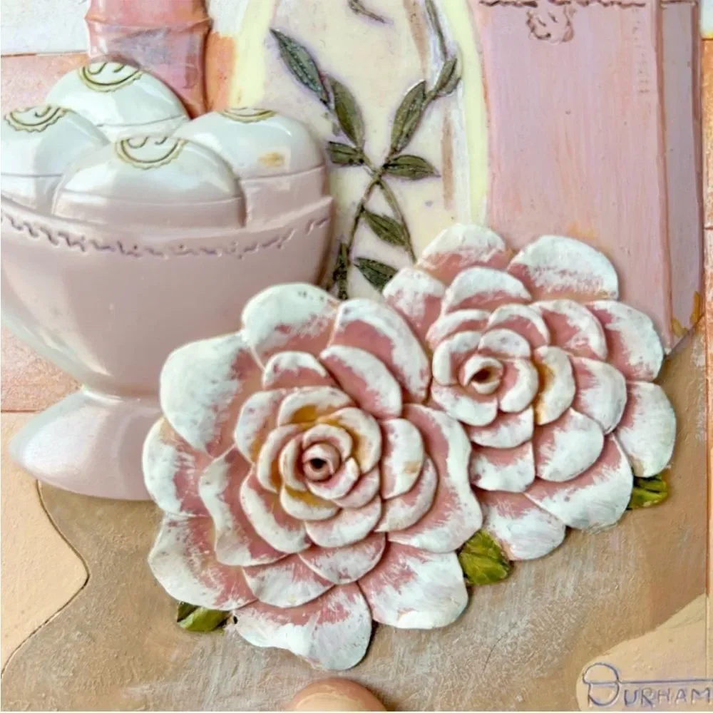 VTG Colorful Floral Vase 3D Tile Textured Art Plaque Wall Home Decor Plaque